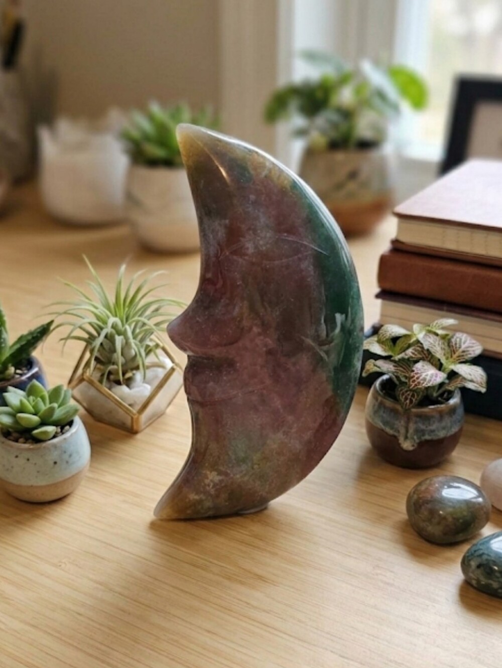 Beautiful Rainbow / Polychrome Jasper Moon Crystal Carving Brand New Decor Home